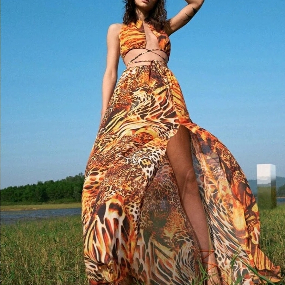 Women's Orange Animal-Print Halter Maxi Dress